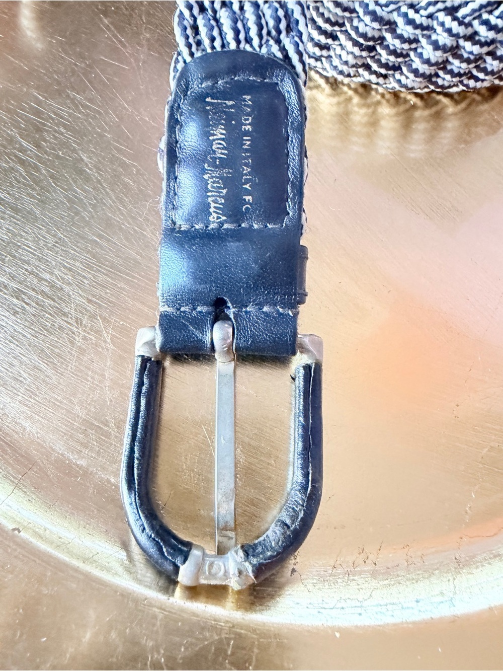 Neiman Marcus 39” Black & White Braided Belt w Dark Leather and Brass Hardware - Picture 7 of 11